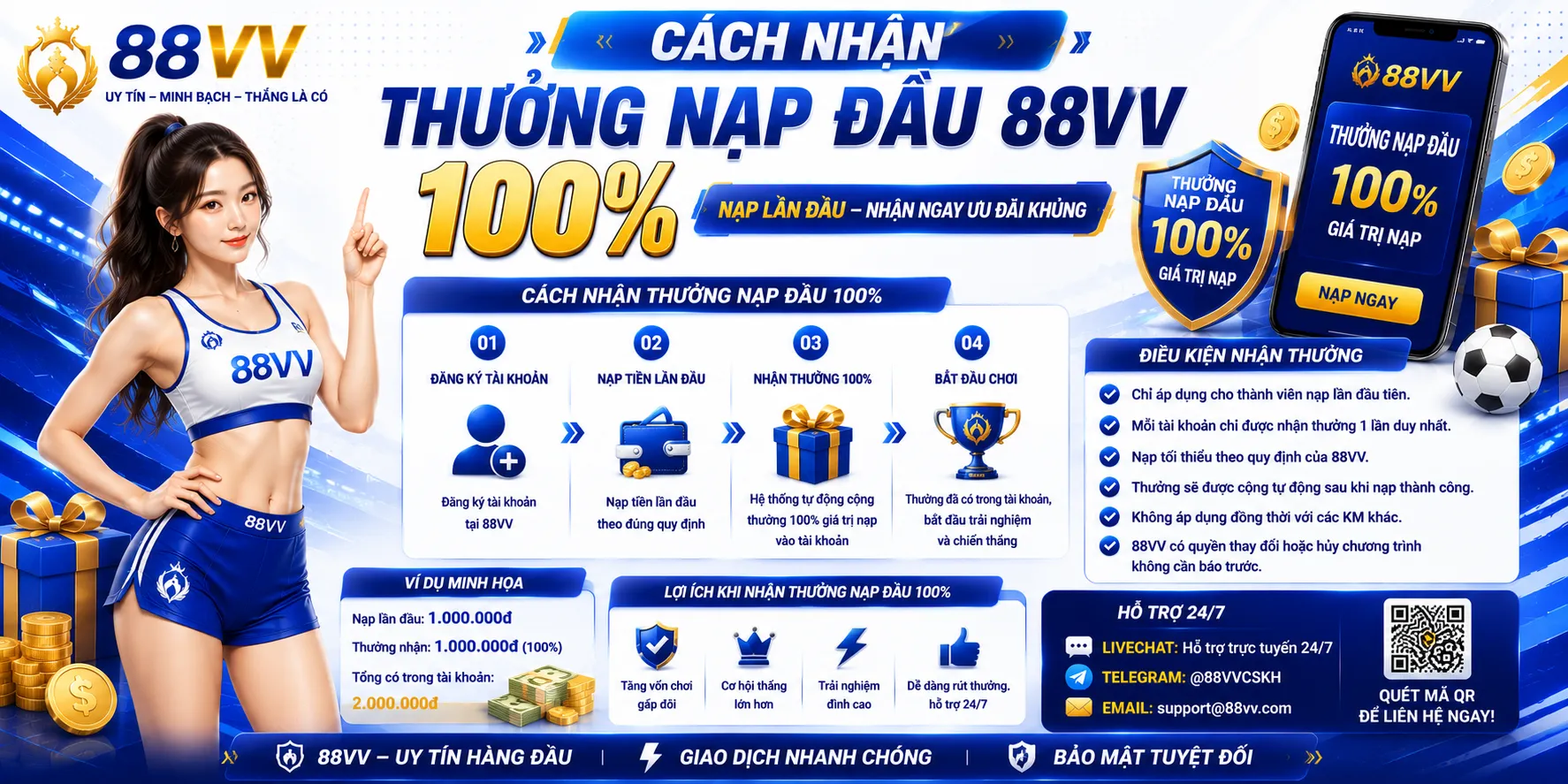 Cách nhận thưởng nạp đầu 88VV 100%