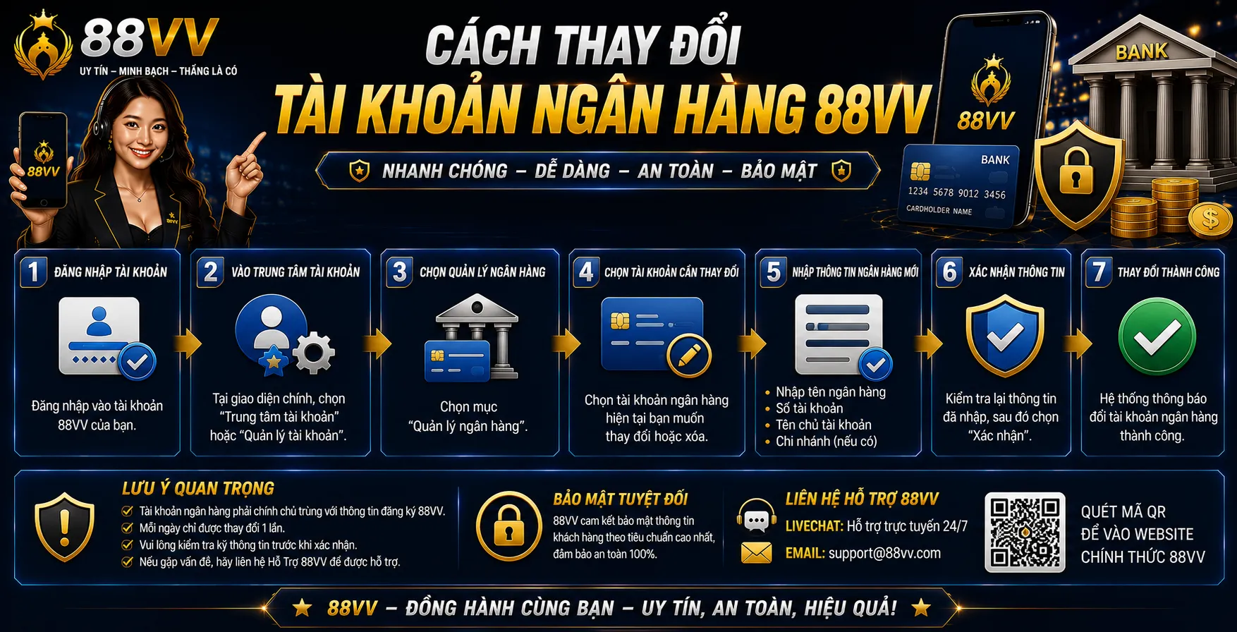 Cách thay đổi tài khoản ngân hàng 88VV